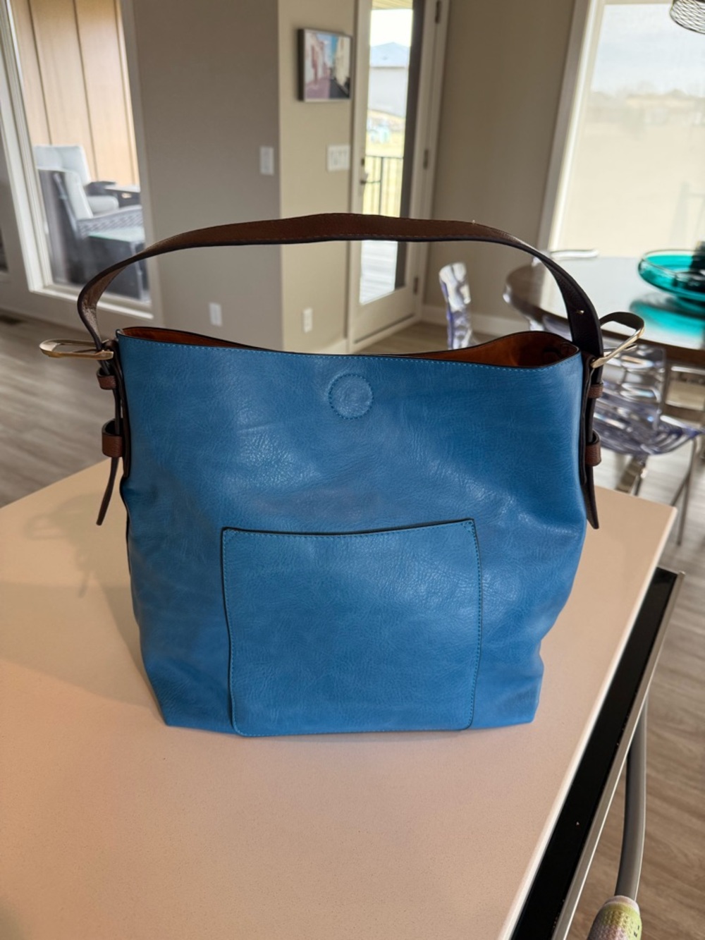Blue Faux Leather Shoulder Tote Bag with Brown Strap